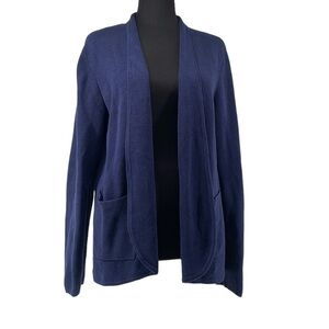 EILEEN Fisher knit blazer cardigan open front blue silk organic cotton blend Lg